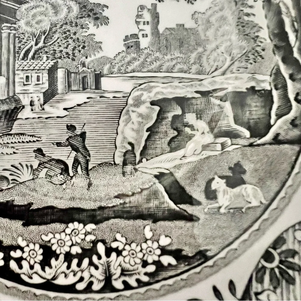 Spode England Woodland Black Transfer Italian‎ Porcelain Plate Saucer 4.75” Vtg